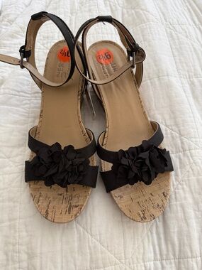 Naturalizer Black Floral Cork Wedge Sandals